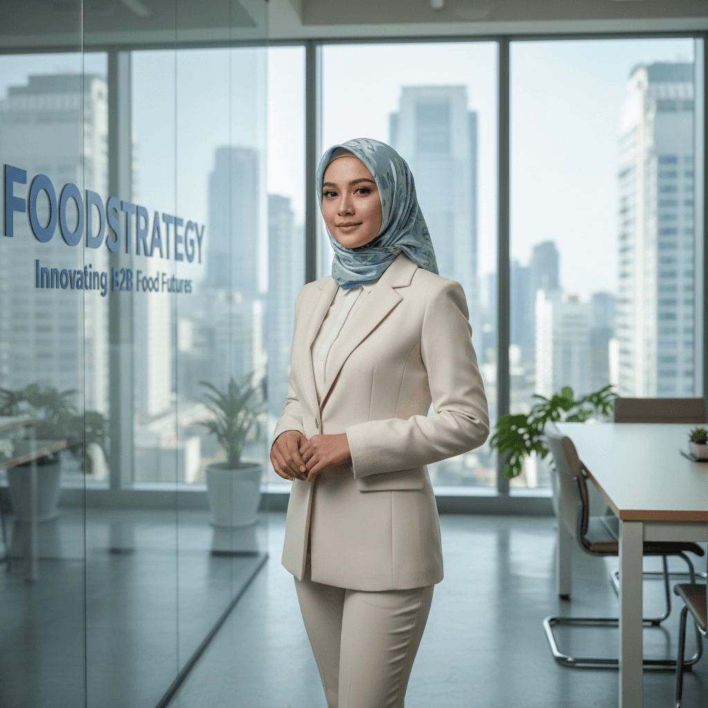 Young professional woman in hijab with confident expression in modern office with cityscape view