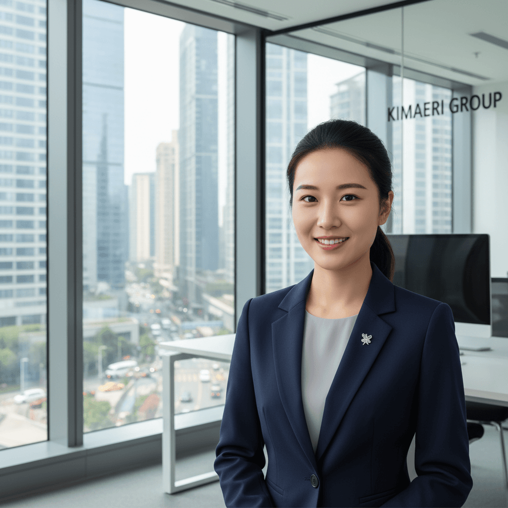 Young Chinese woman in corporate blazer standing confidently in modern office with city view