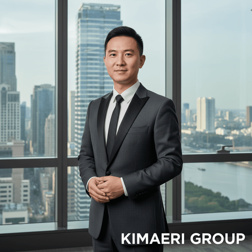 Chinese COO in a semi-formal tuxedo standing in a modern office with city view