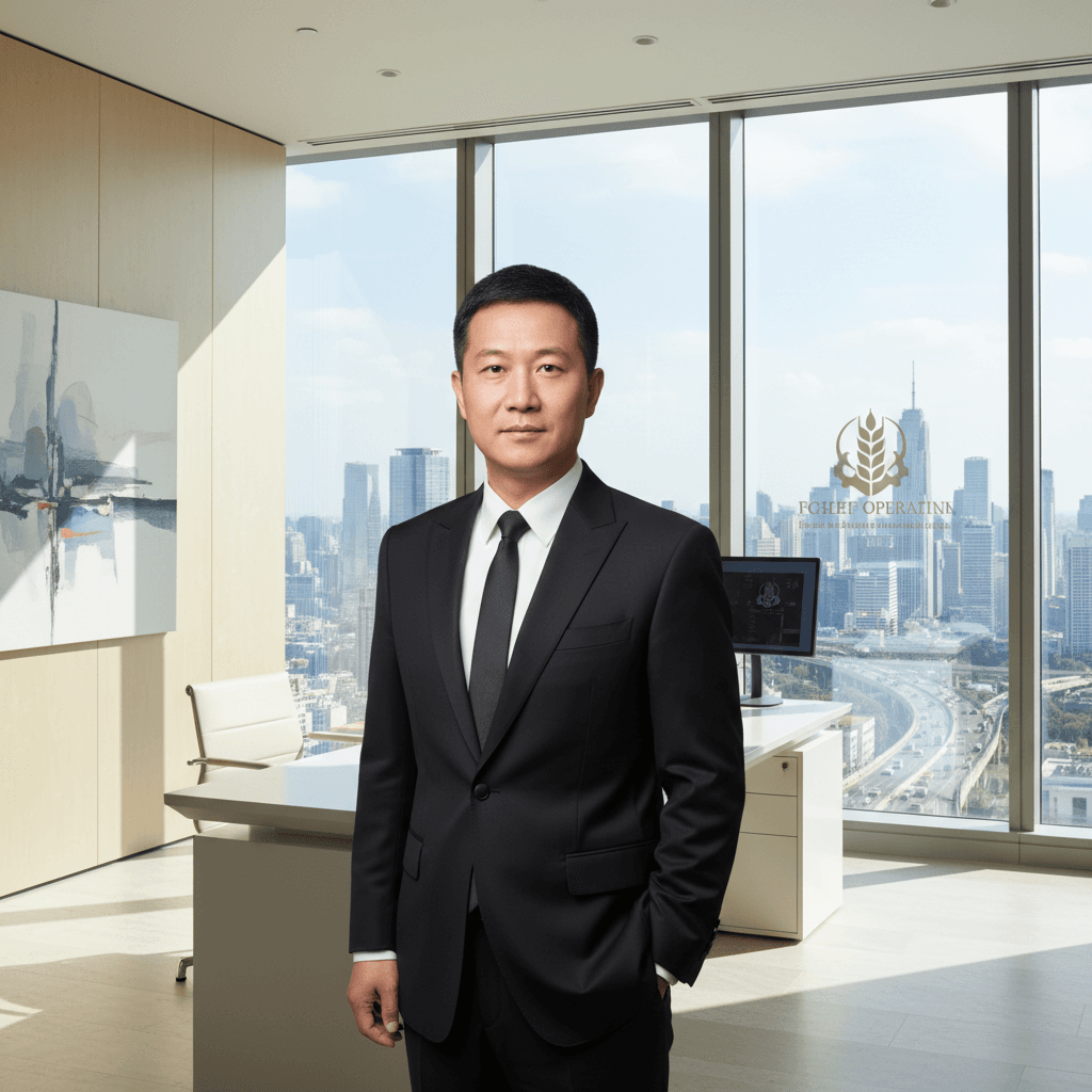 Chinese COO in a semi-formal tuxedo standing in a modern office with city view