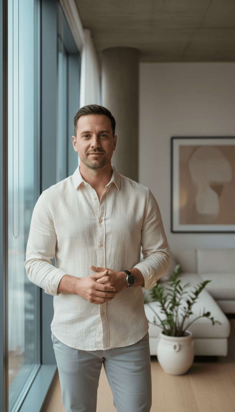 Confident man standing by window with calm expression demonstrating strong posture and composed body language in modern apartment