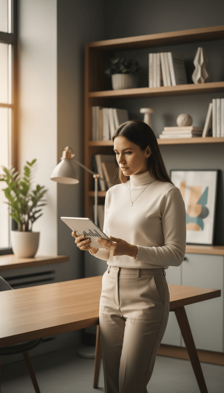 Professional woman standing at desk holding tablet with focused expression, natural light from window, bookshelves in background
