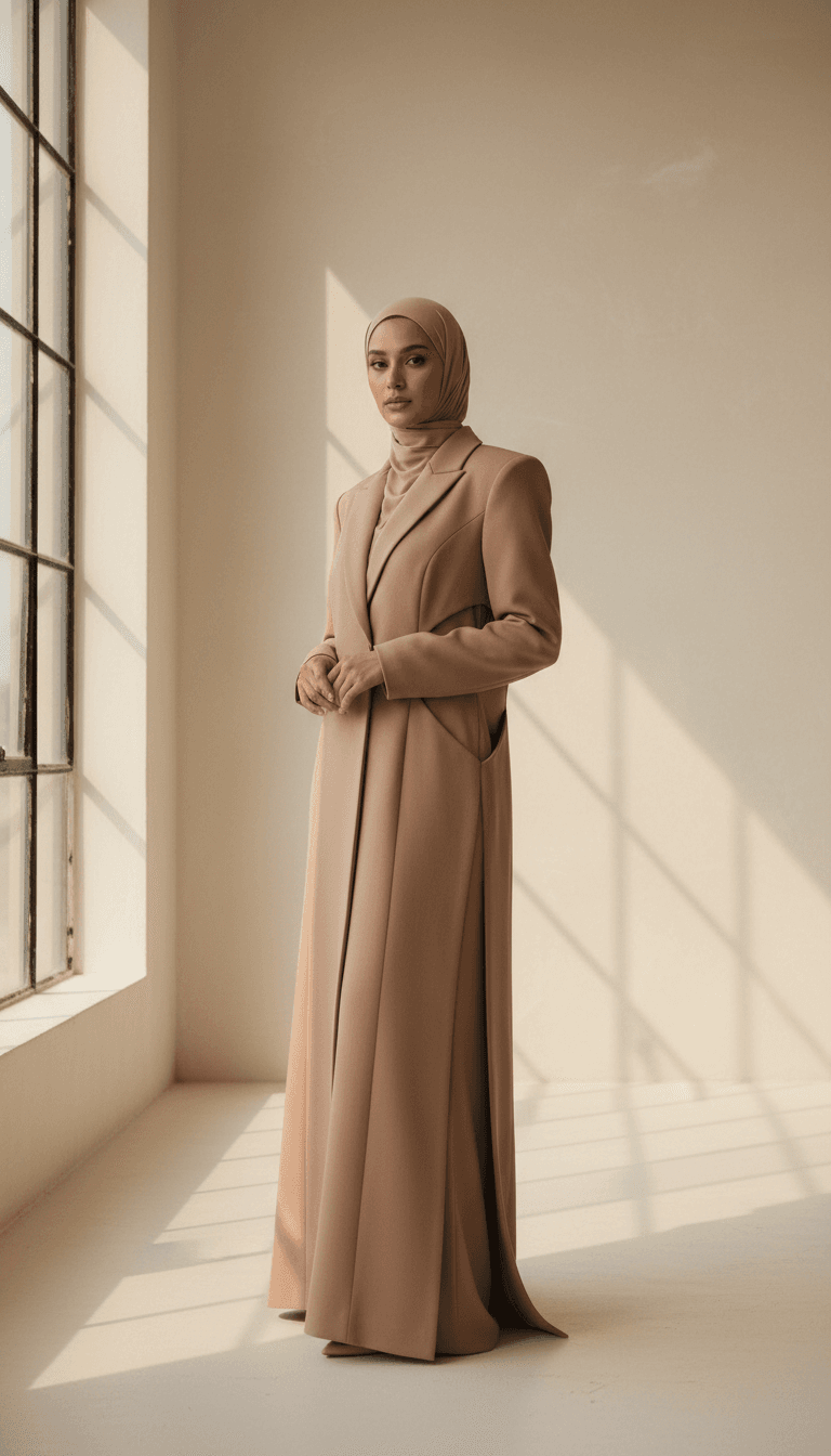 Woman in elegant taupe abaya-blazer hybrid with geometric cutouts, standing confidently against neutral backdrop showcasing refined couture design