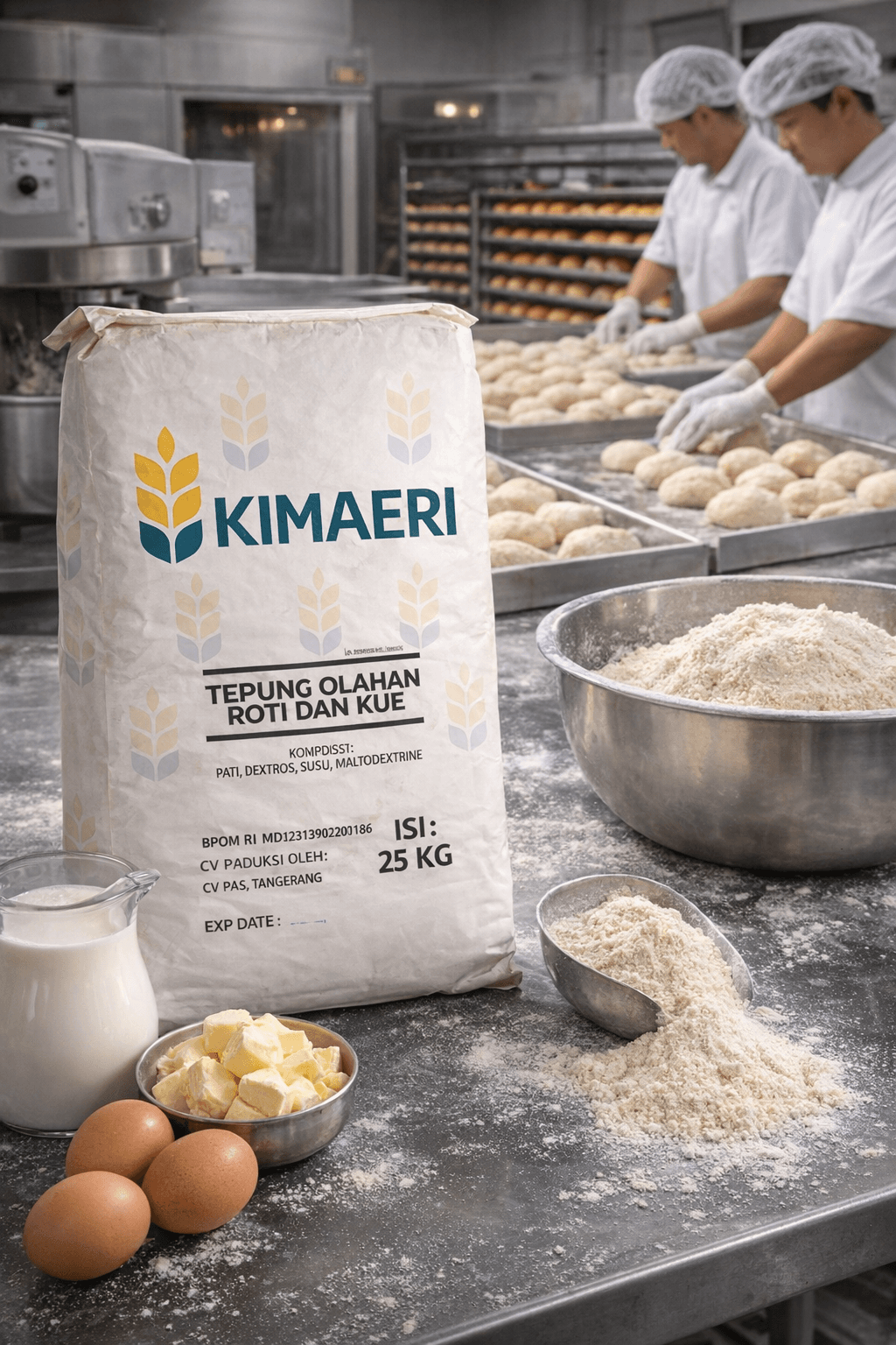 Karung tepung Kimaeri dikelilingi bahan kue dengan latar belakang koki sedang menyiapkan adonan roti.