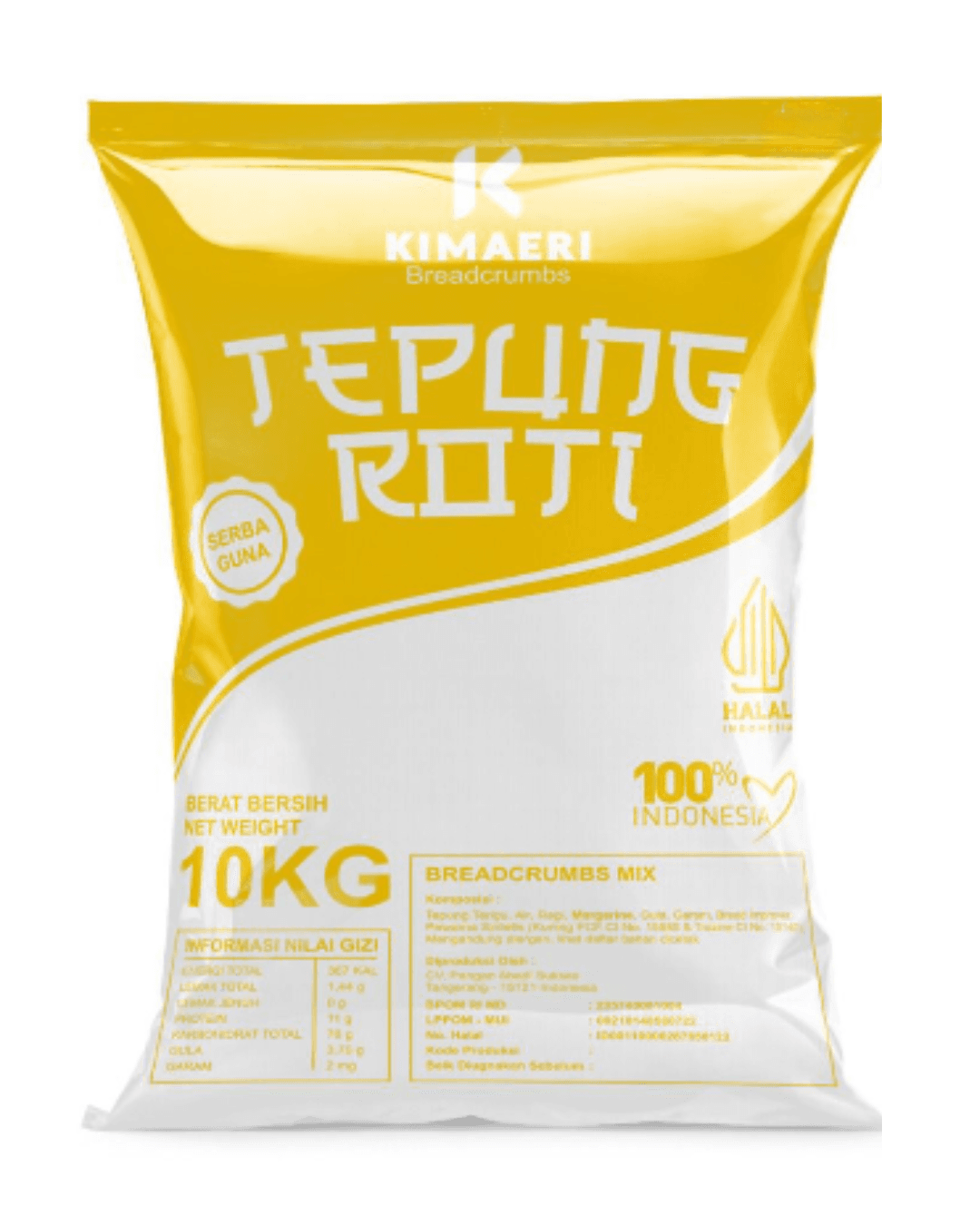 Kemasan tepung roti Kimaeri 10kg berwarna kuning dan putih dengan label informasi nilai gizi.