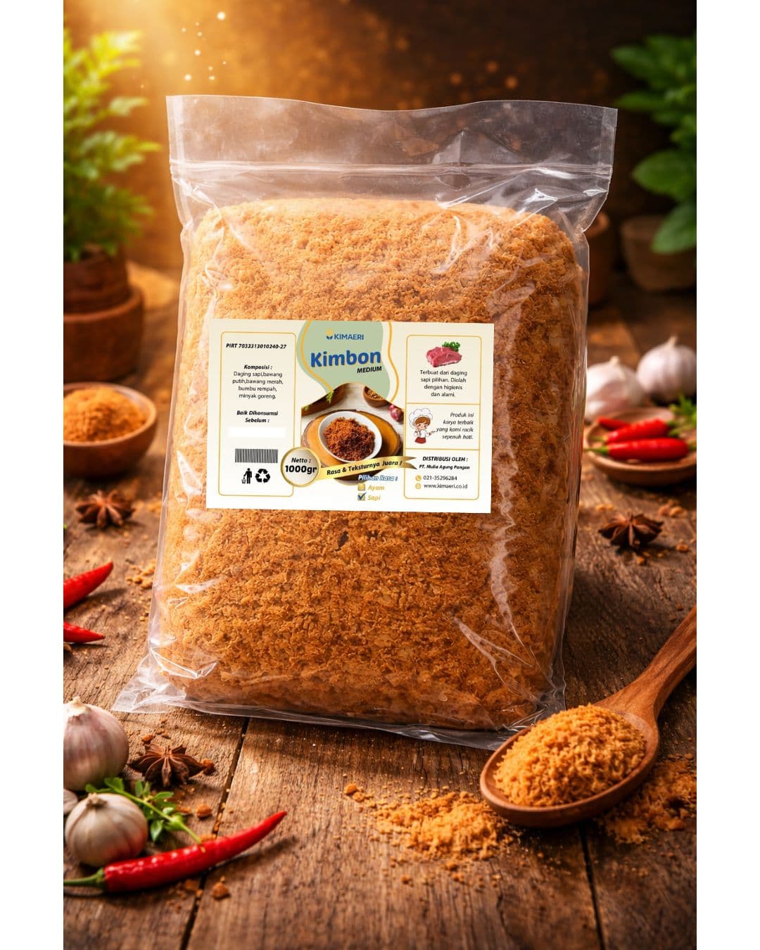 Kemasan satu kilogram abon sapi Kimbon Medium di atas meja kayu dengan bumbu dapur.