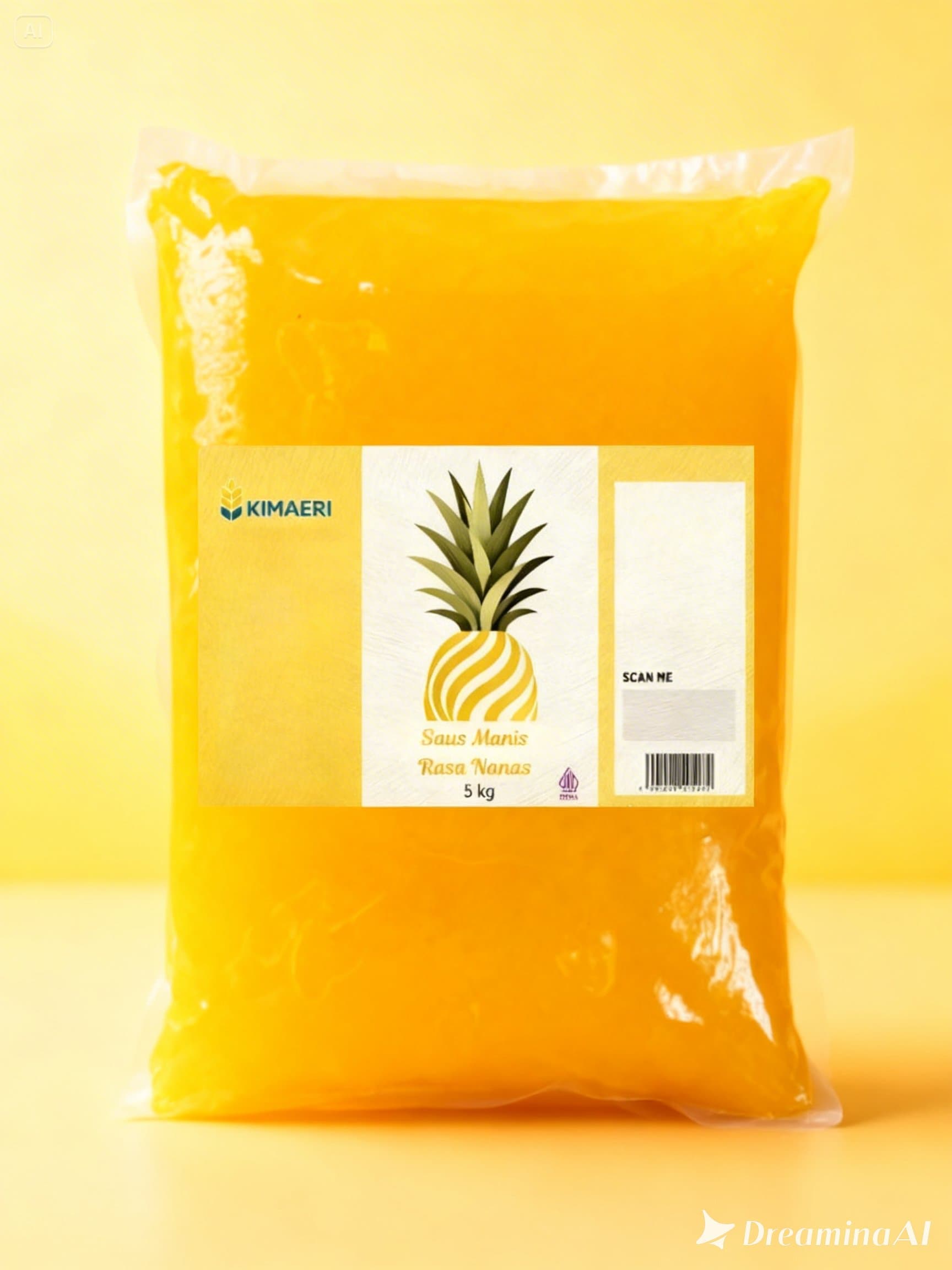 Saus manis rasa nanas merek Kimaeri dalam kemasan plastik lima kilogram berlatar belakang kuning.